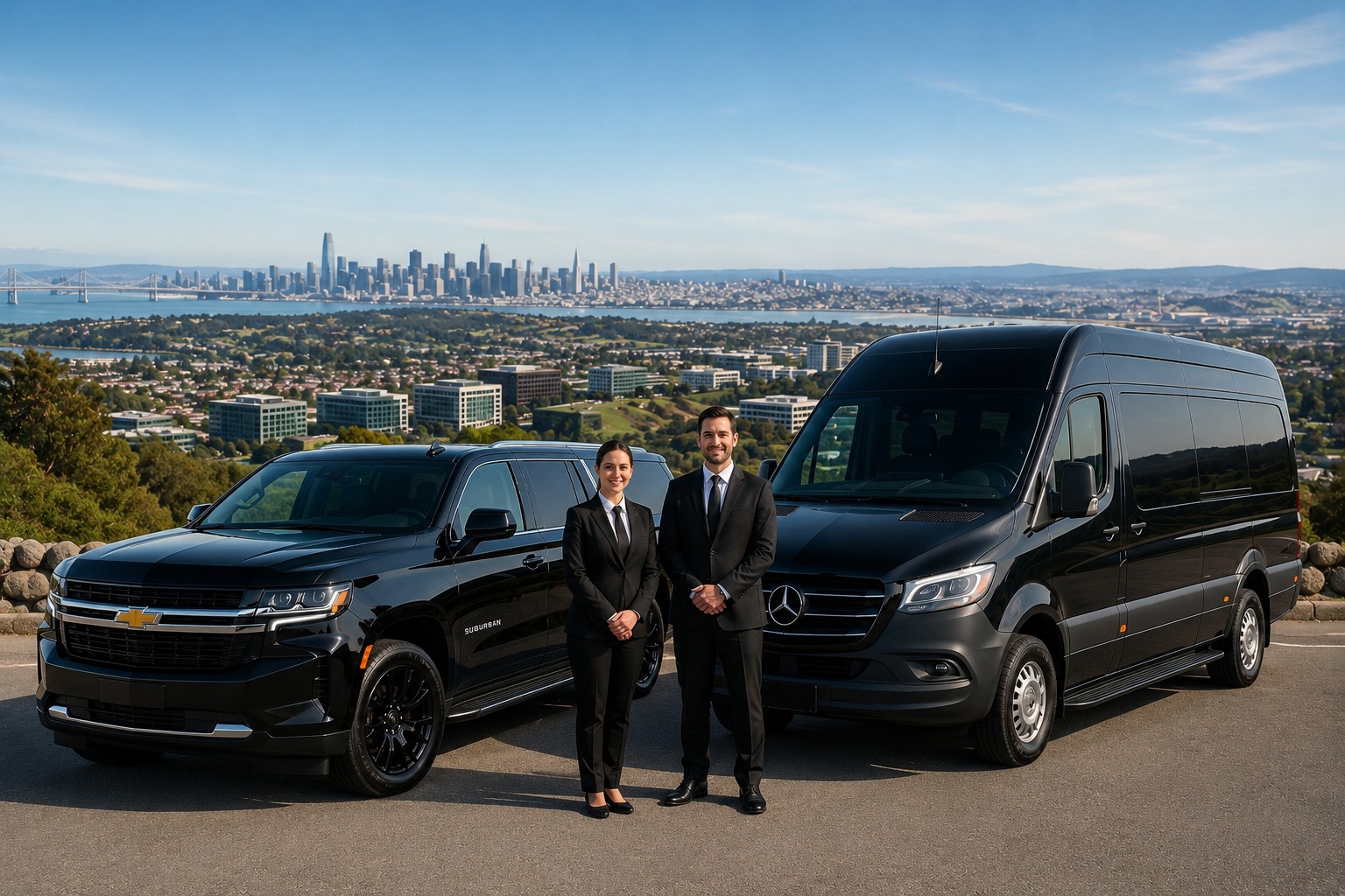 Luxury chauffeur transportation with executive SUV and Mercedes Sprinter overlooking the San Francisco Bay skyline