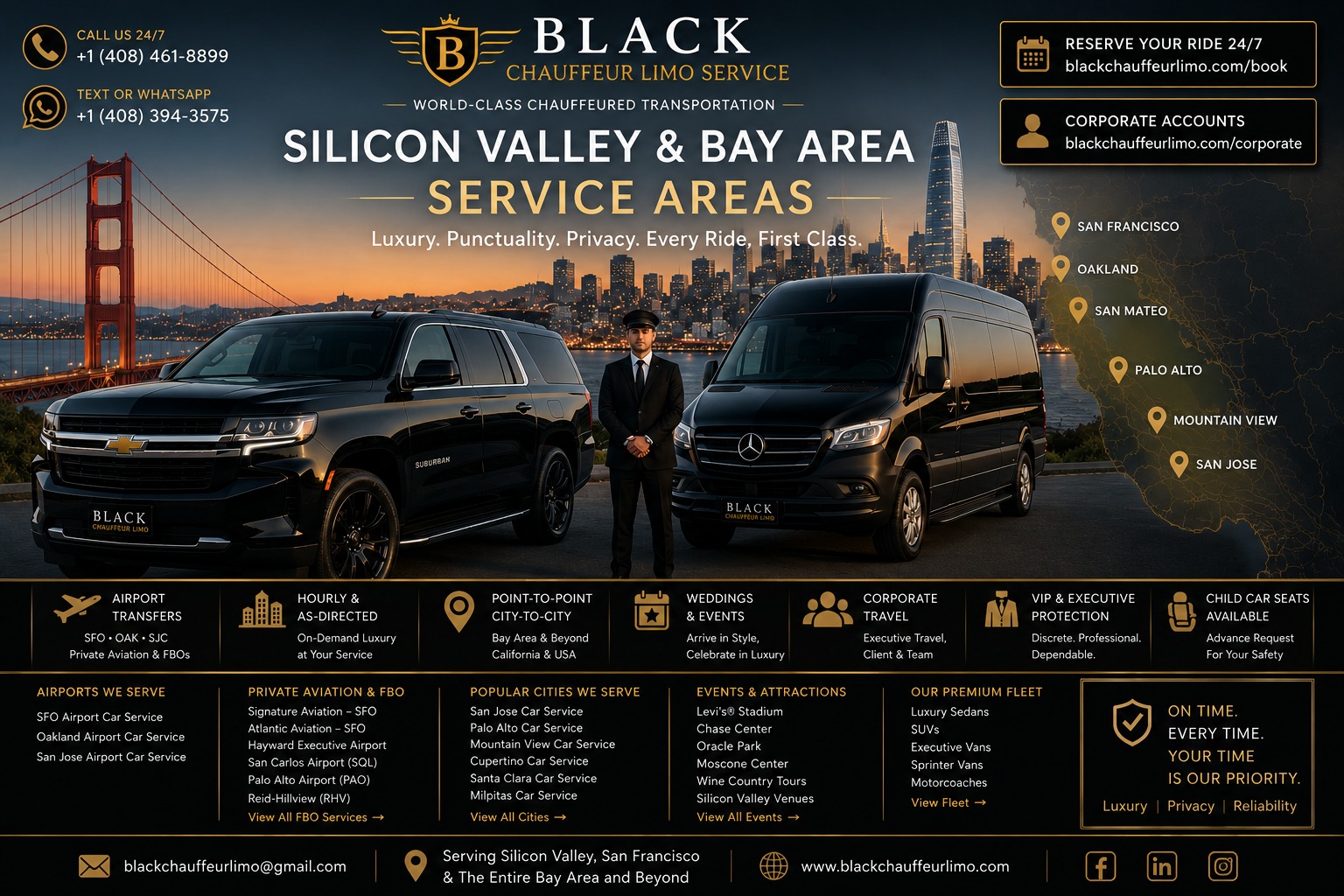 Silicon Valley and Bay Area chauffeur service areas for airport, private aviation, corporate, family, and regional transportation